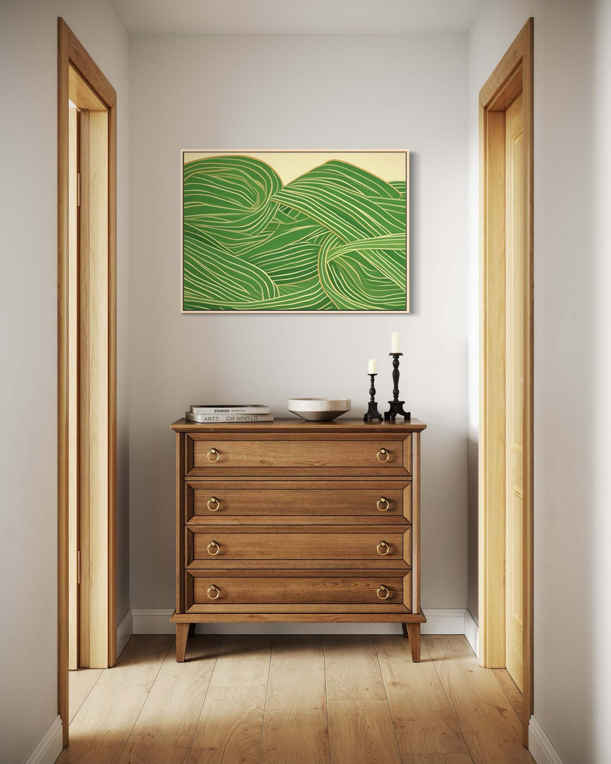Wooden dresser with a green abstract painting on the wall in a room with open doors.