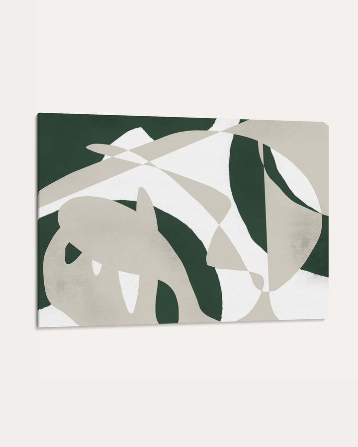 Abstract design with green, beige, and white shapes on a green background