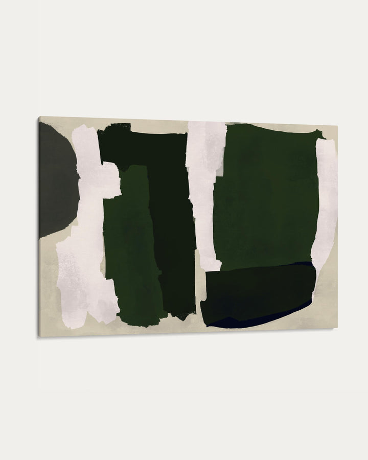 Abstract art piece with green and white shapes on a beige background