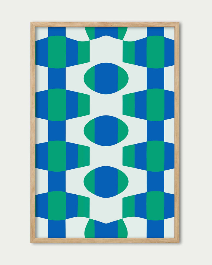 framed geometric abstract art print in blue and green pattern
