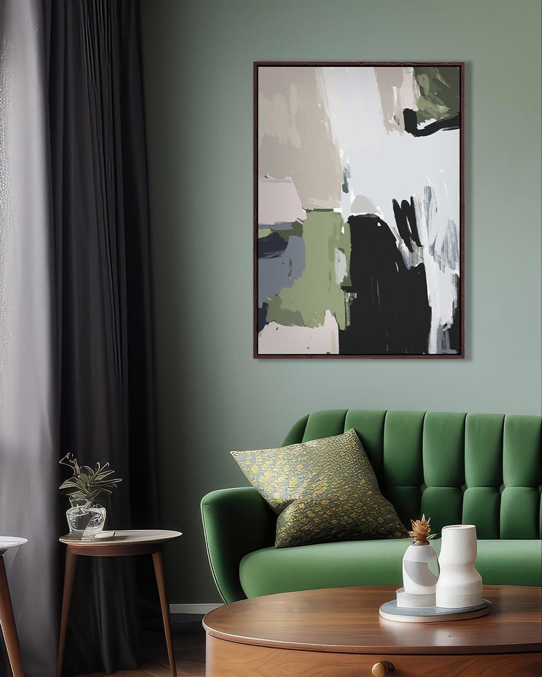 Green sofa with abstract art on a gray wall