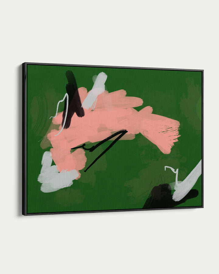Abstract artwork with pink, black, and white shapes on a green background