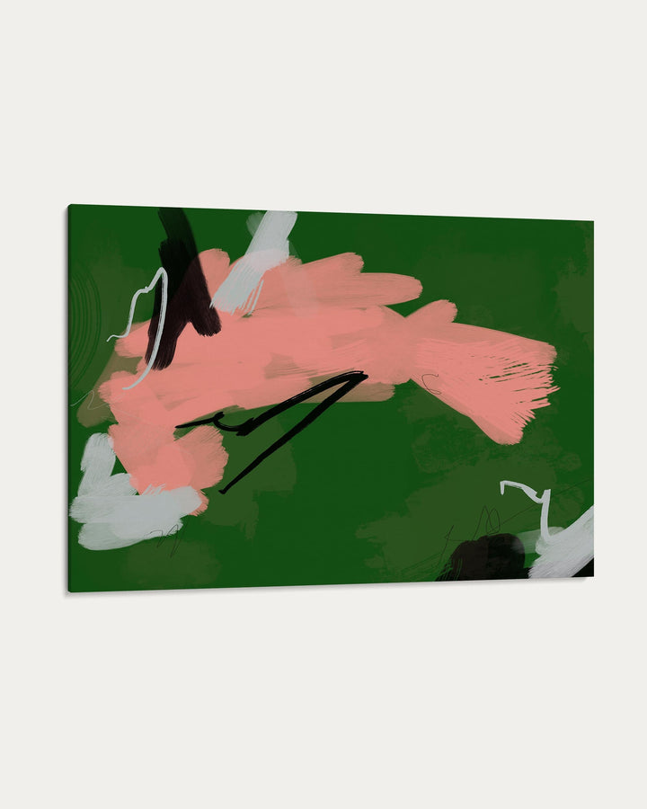 Abstract art with pink, white, and black shapes on a green background