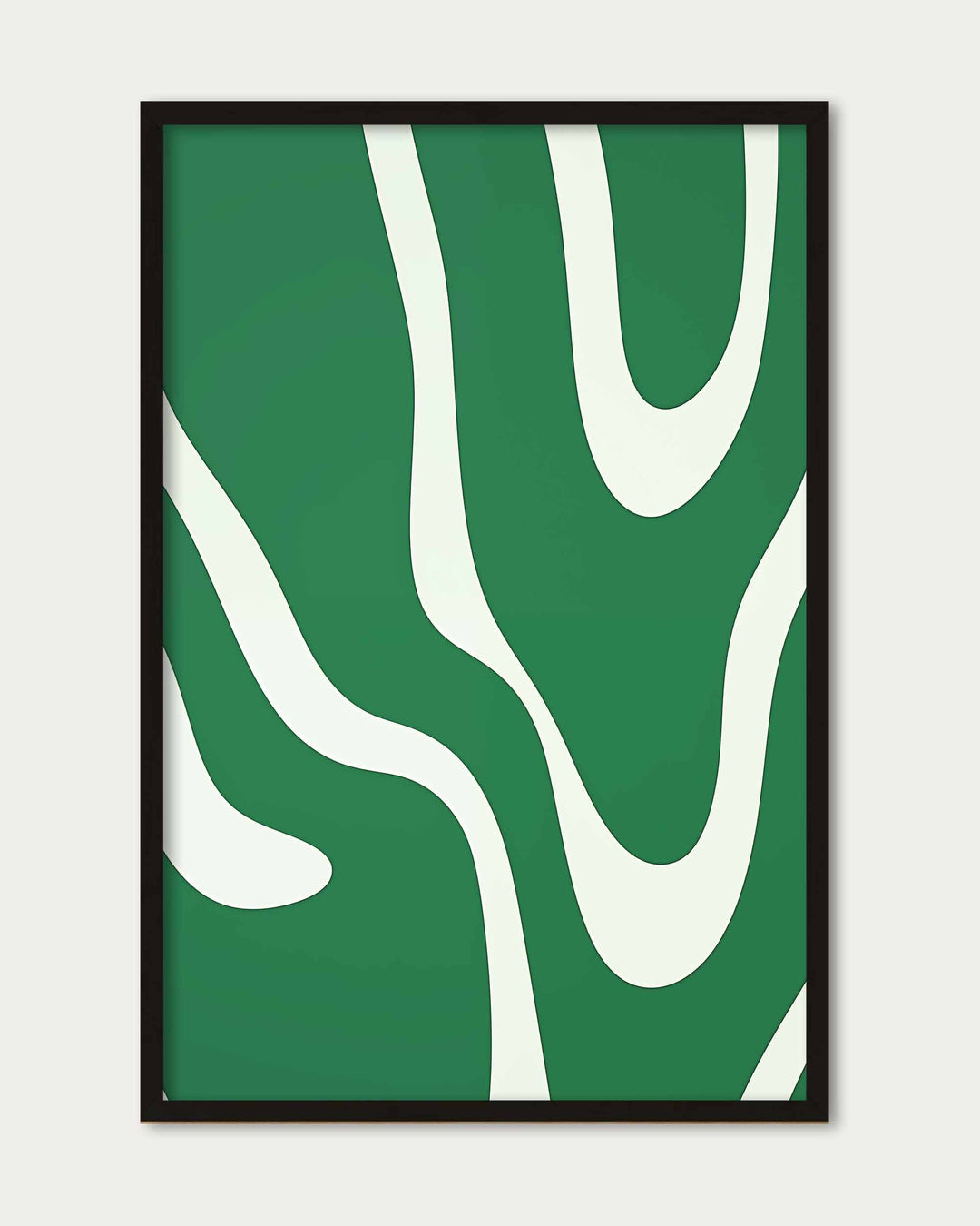 Framed abstract art with wavy white lines on a green background