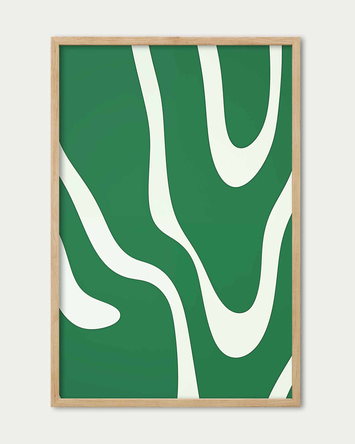 Framed abstract art print with green and white design on a white background