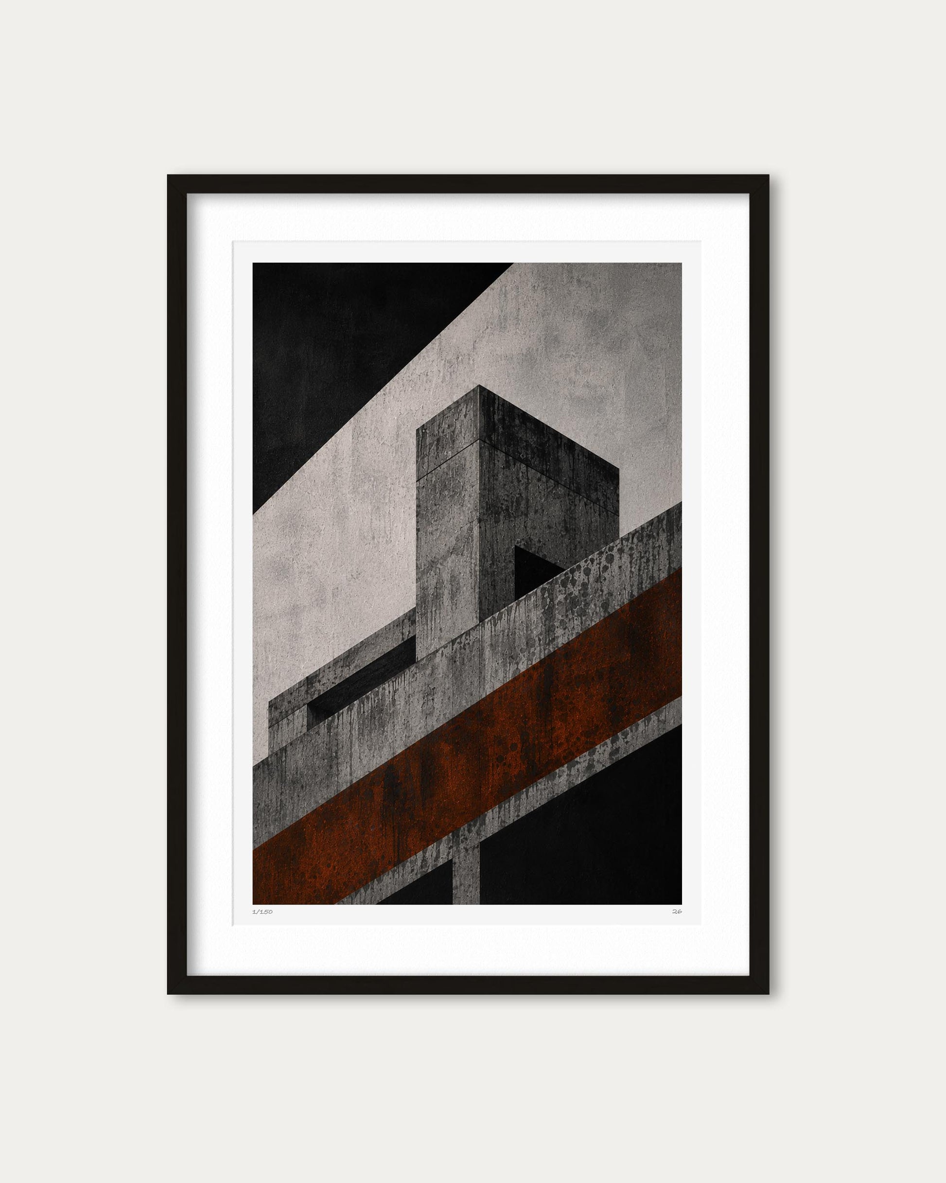 Framed abstract architectural art print featuring geometric concrete structures in black, gray, and rust brown, presented in a black frame with a white mat against a light gray background.