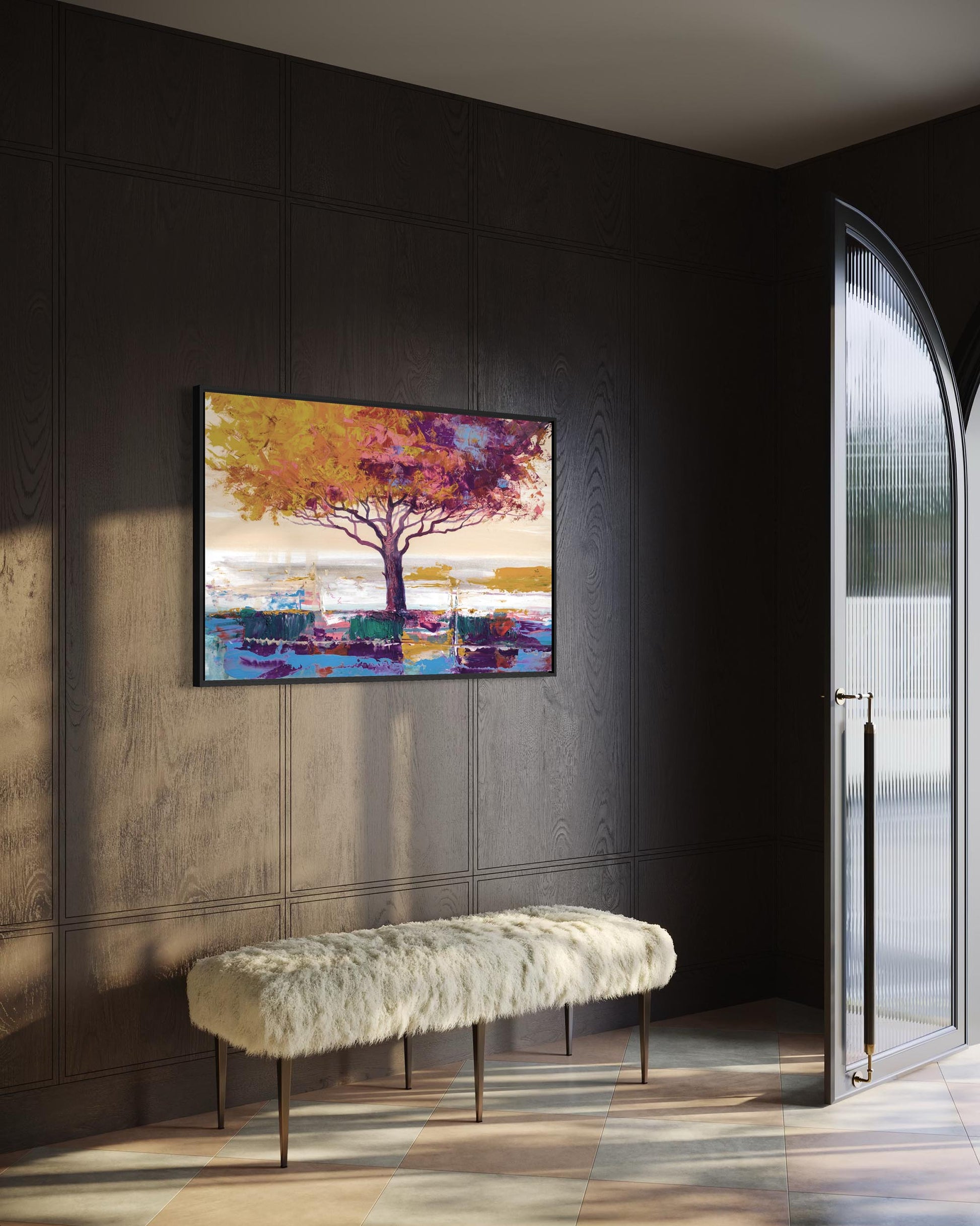 Colorful abstract painting on a dark wall above a bench in a modern interior setting.