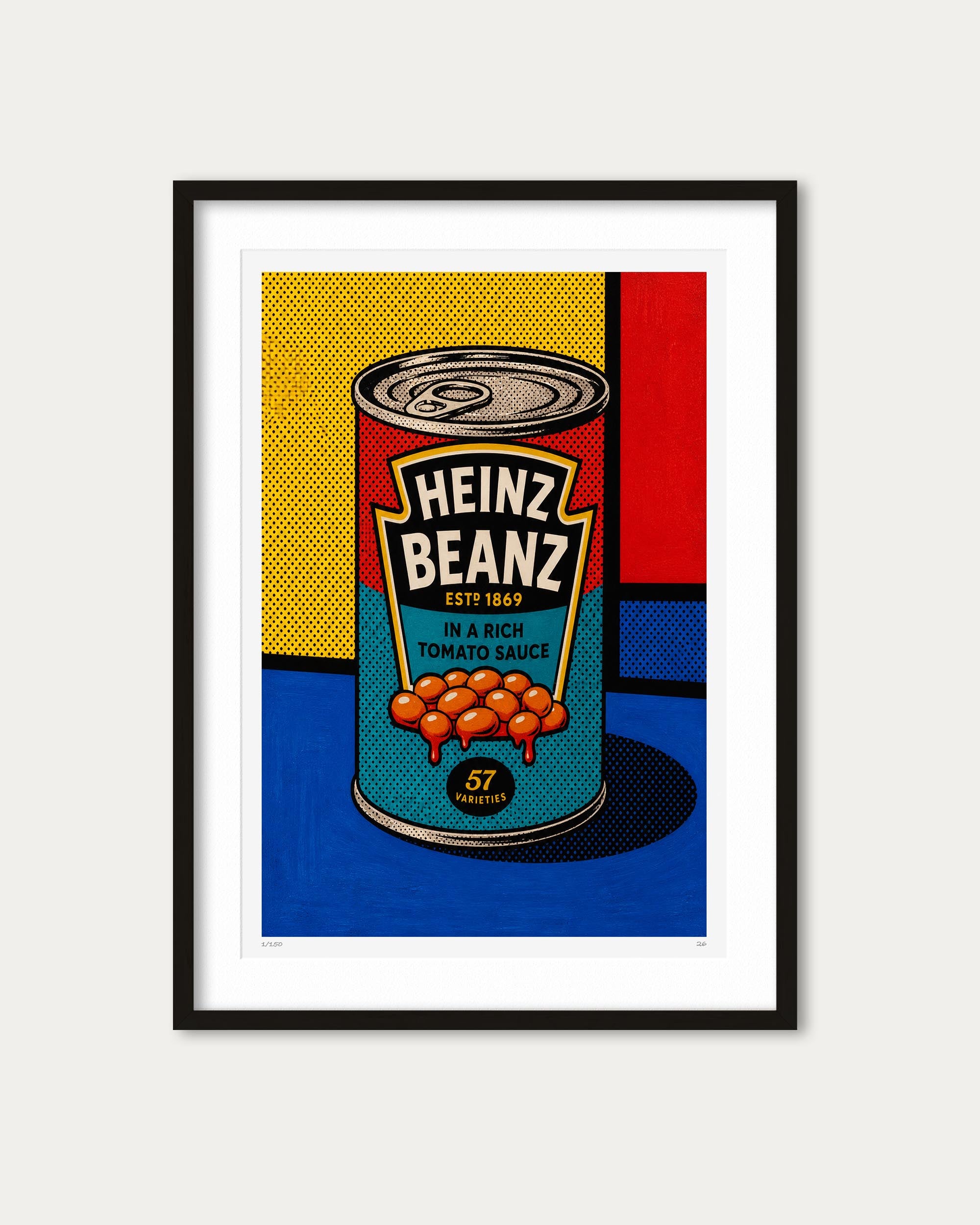 A framed pop art print featuring a stylized Heinz Beanz tomato sauce can in a bold retro color-block design, shown against a light gray background.