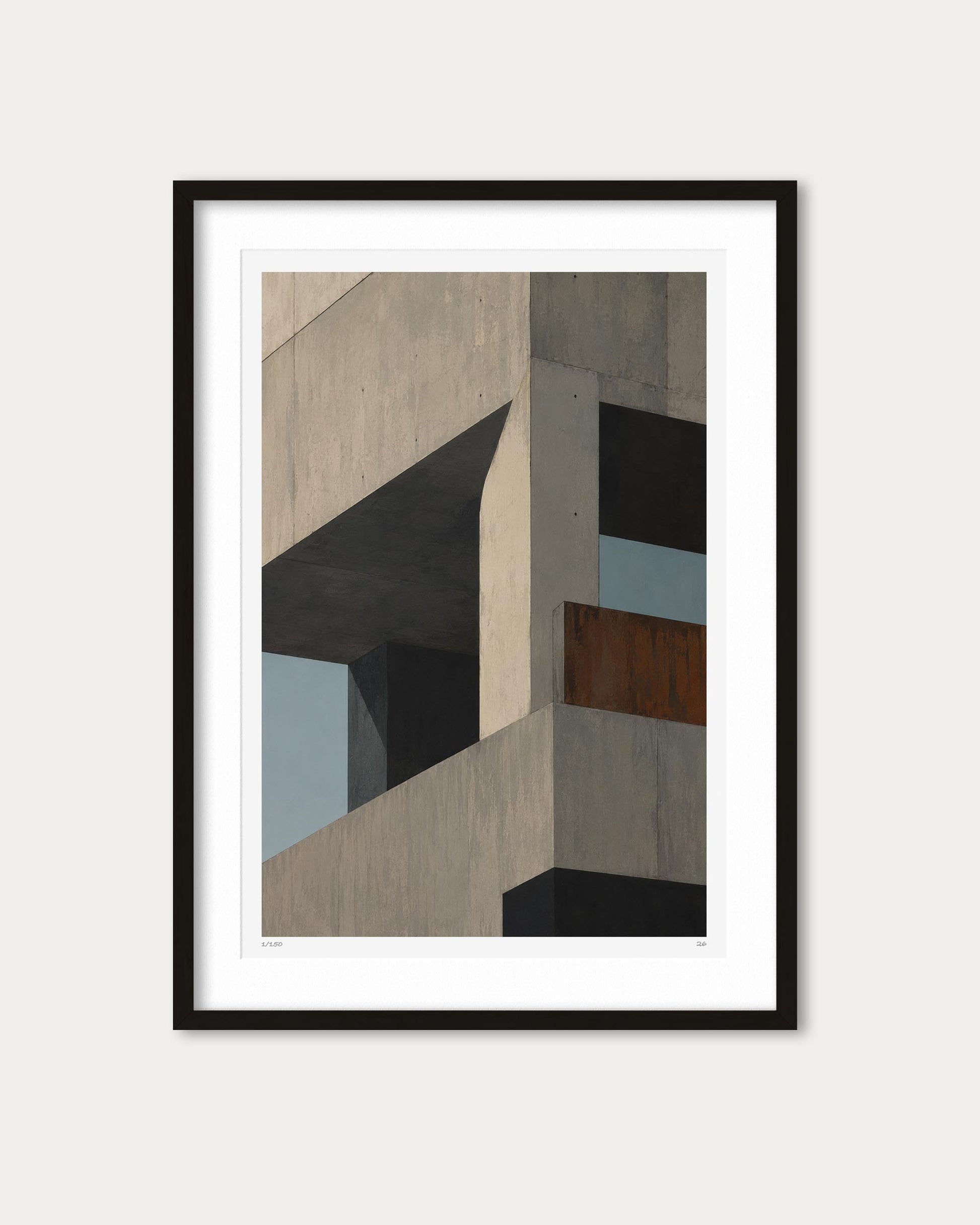 A framed architectural art print featuring a modern concrete building facade with geometric shapes, mounted on a light beige wall.