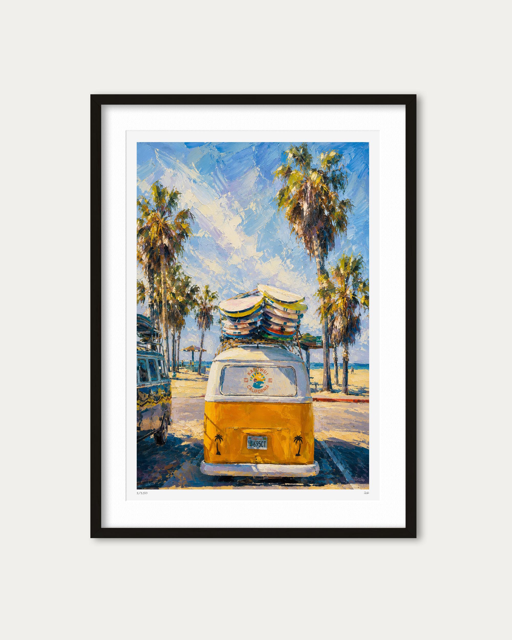 Framed art print featuring an impressionistic painting of a yellow and white retro van with surfboards on its roof, parked on a beach with palm trees under a blue sky.