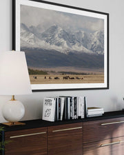 Framed landscape print of mountains and field on a wall above a wooden cabinet with books.