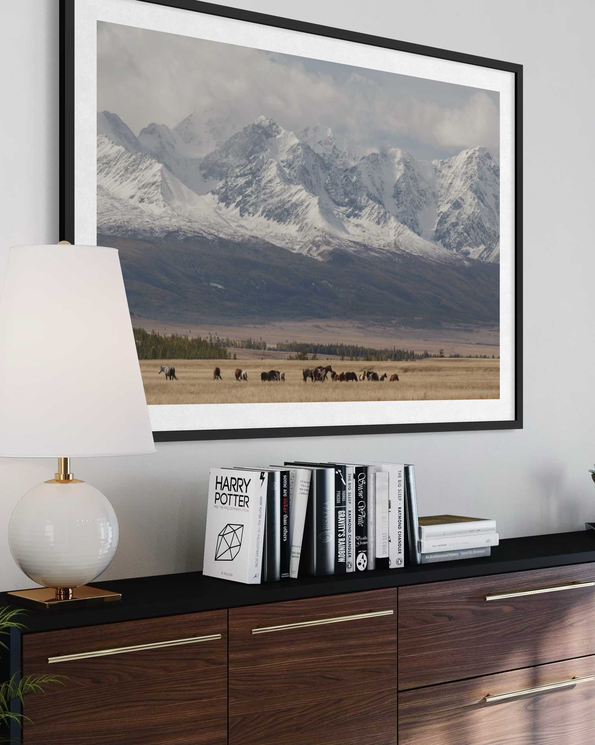 Framed landscape print of mountains and field on a wall above a wooden cabinet with books.