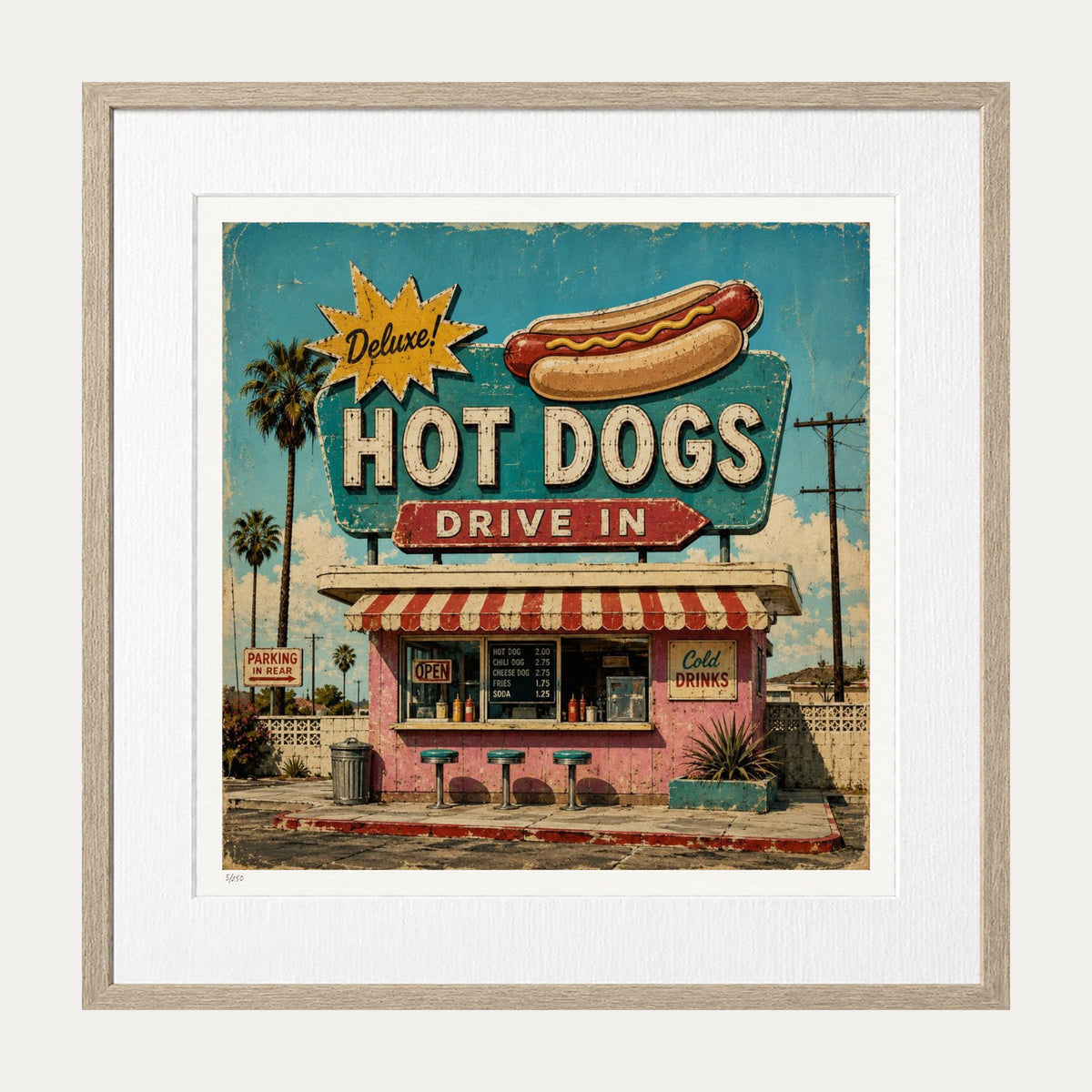 Hot Dogs Drive In | Limited Edition Print — Oak Frame