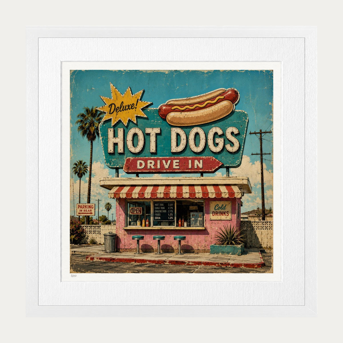 Hot Dogs Drive In | Limited Edition Print — White Frame