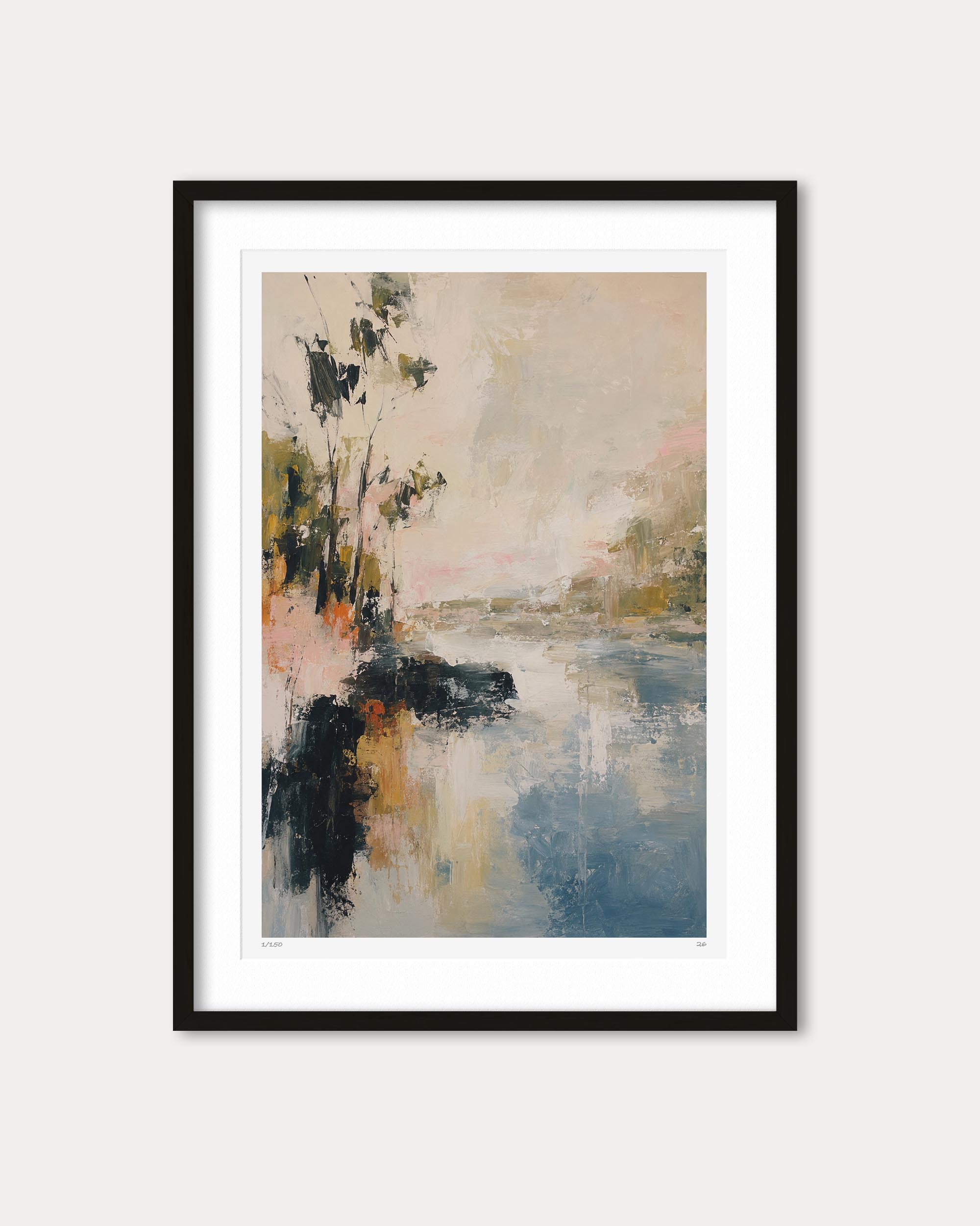 A framed abstract landscape art print featuring a river or lake scene with trees on the left, rendered in soft brushstrokes of blue, beige, gray, and muted green, presented in a black frame with a white mat against a light gray background.
