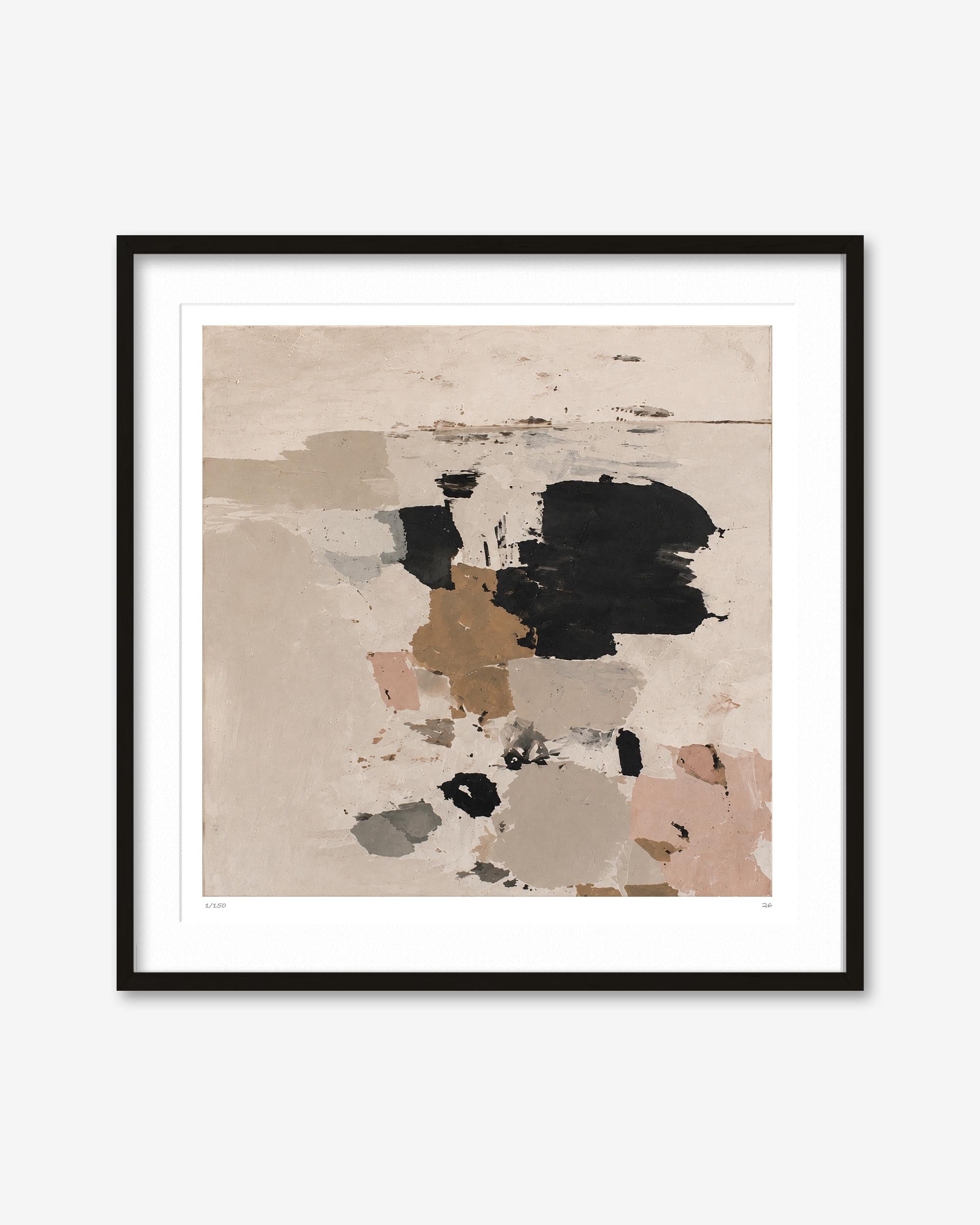 A framed abstract art print featuring textured brushstrokes in beige, black, brown, and soft pink tones, presented in a black frame with a white mat against a light gray background.