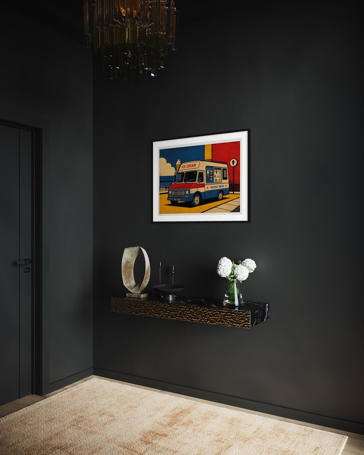 A framed pop-art style print of a vintage ice truck hanging on a dark charcoal wall in a modern room setting with a floating shelf, decorative objects, and a textured rug.