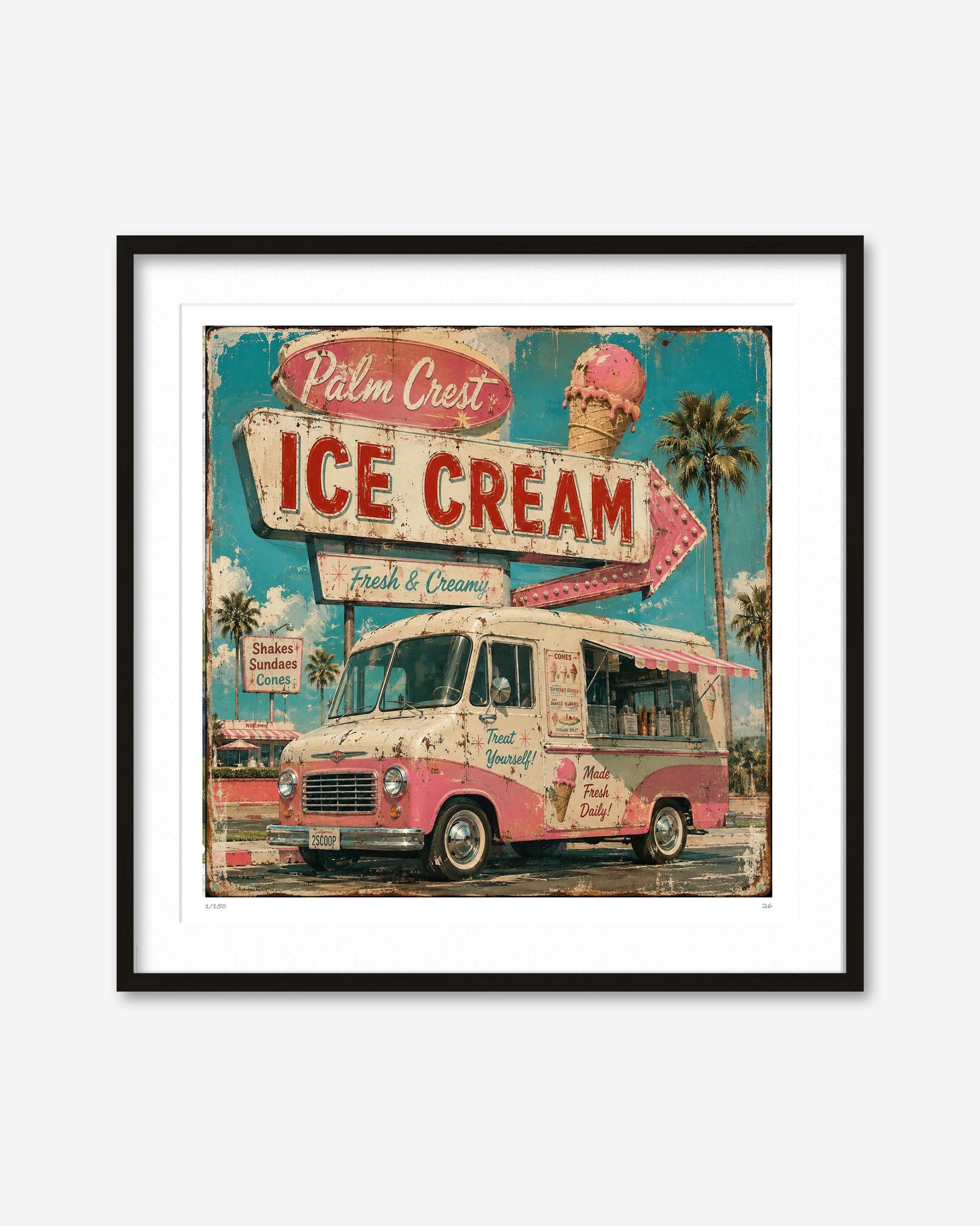 A framed art print featuring a vintage, distressed illustration of a pink and cream ice cream truck under a turquoise sky with palm trees. The print is presented in a white mat and a simple black frame against a light gray background.