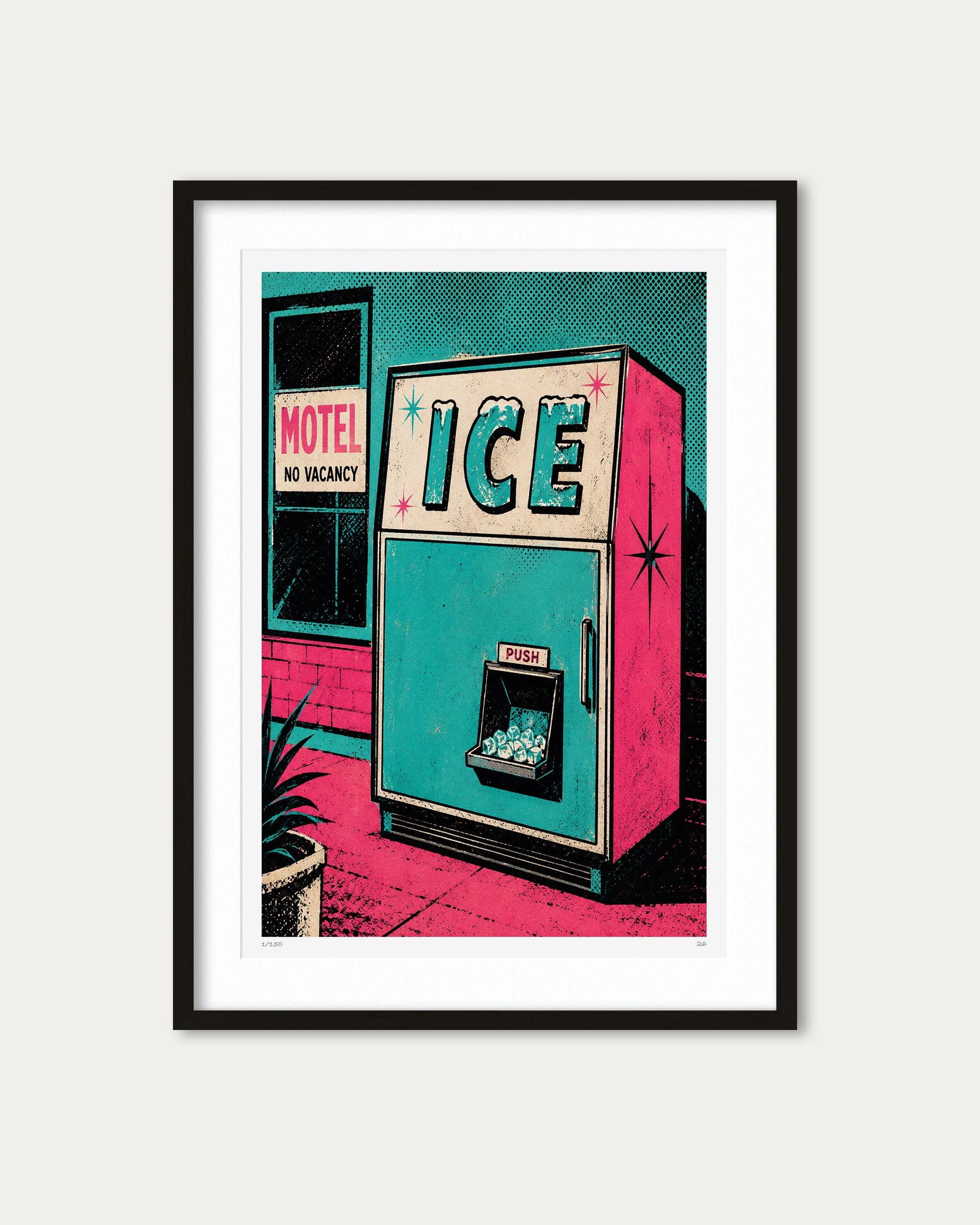 A framed pop art print depicting a retro ice machine next to a motel window, presented in a black frame with a white mat against a light gray background.