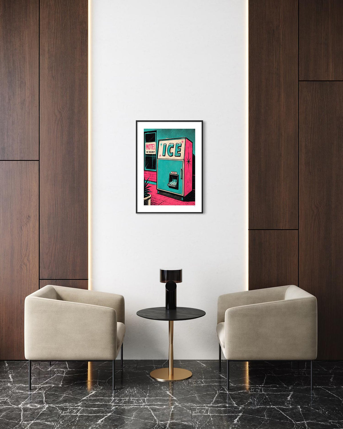 A framed pop-art print of a retro ice machine hangs on a white wall in a modern living room setting with two beige armchairs and a small black side table.