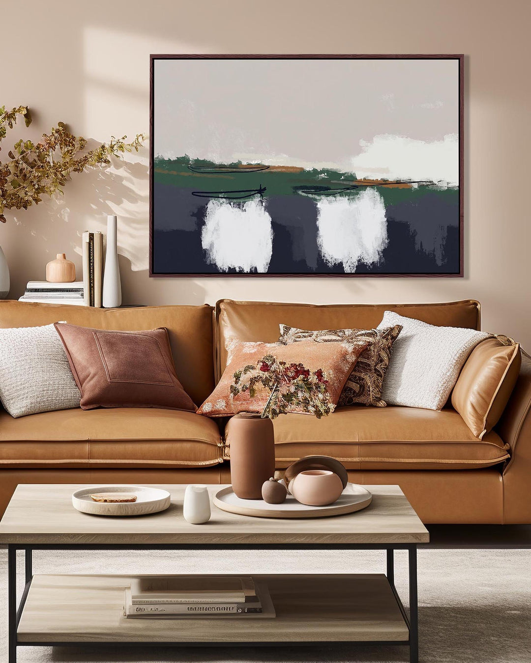 Living room with brown sofa, coffee table, and decorative items.