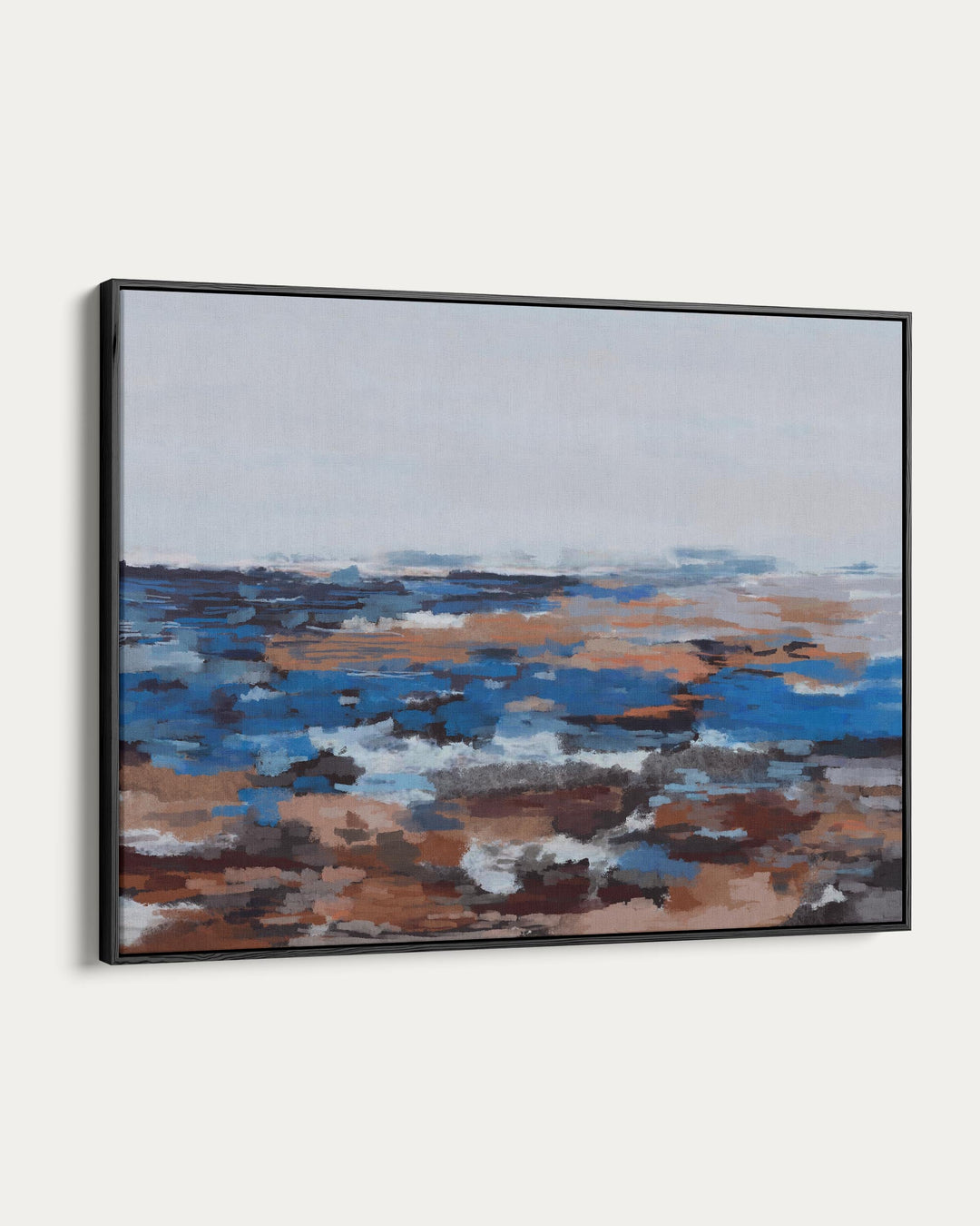 Framed abstract painting with blue and brown tones on a white background