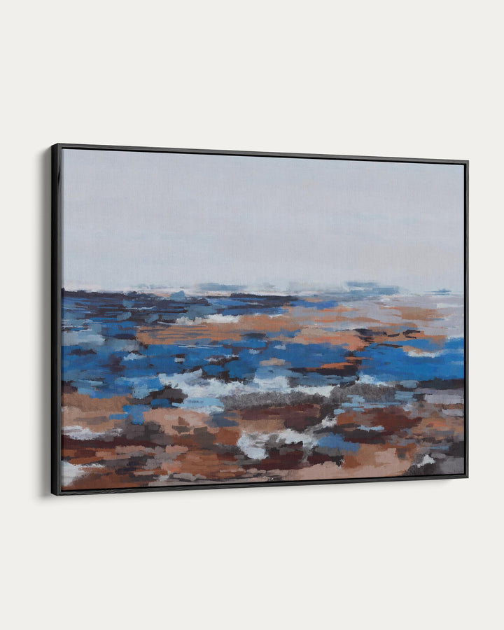 Framed abstract painting with blue and brown tones on a white background