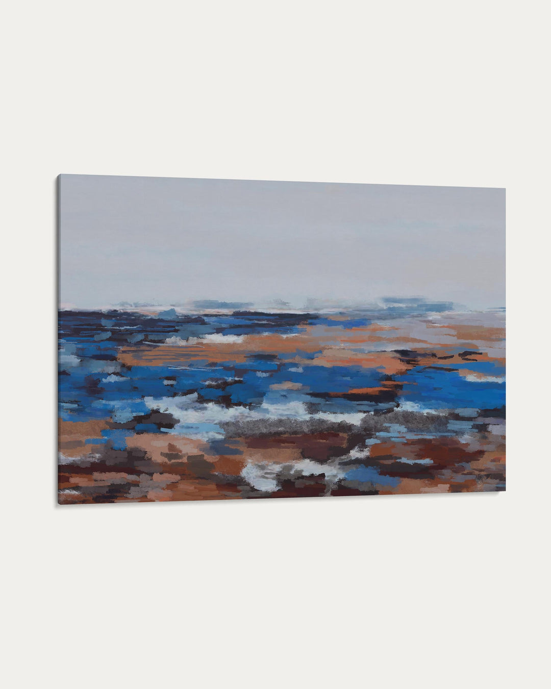 Abstract art piece with blue and brown tones on a light gray background