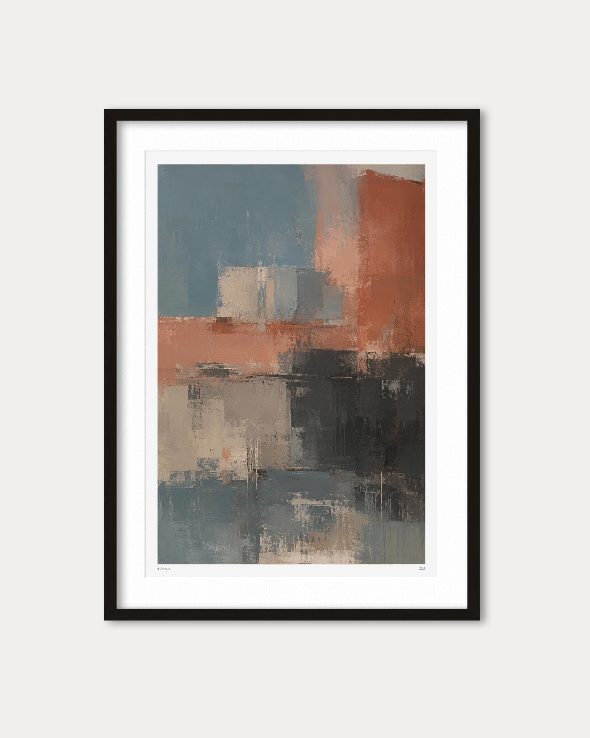 A framed abstract art print featuring a modern geometric composition in shades of slate blue, terracotta orange, charcoal gray, and beige, presented in a black frame with a white mat against a light gray background.