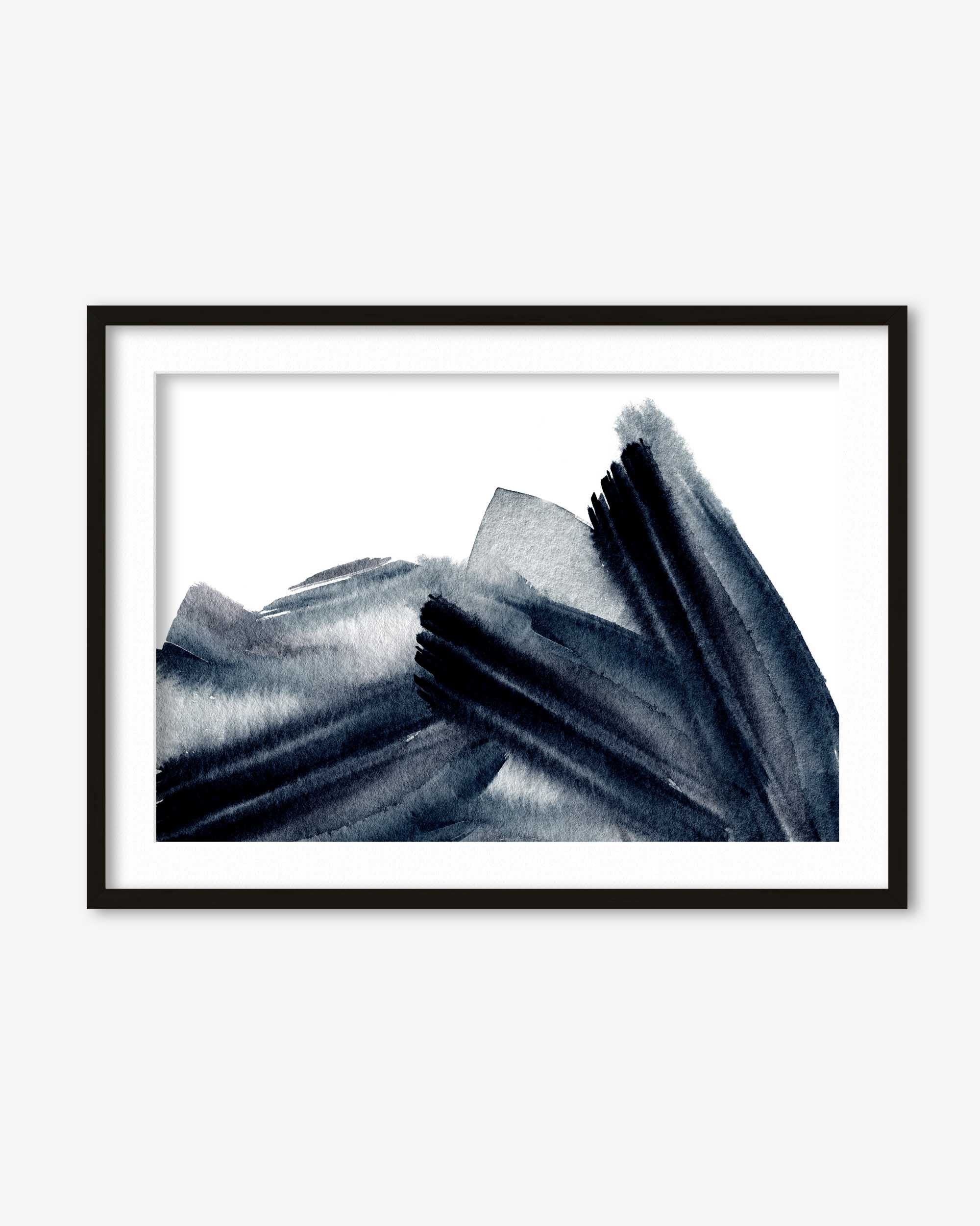 Framed abstract art print with black and white brush strokes on a white background