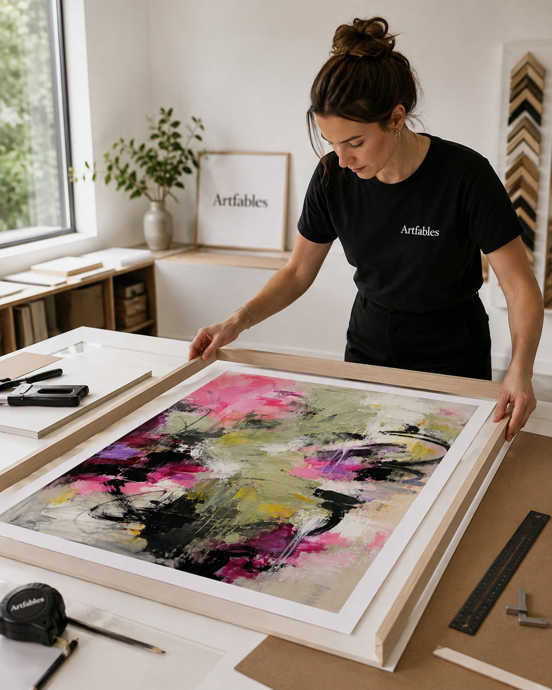 A woman in a black Artables t-shirt frames an abstract canvas painting with pink, green, yellow, and black brushstrokes, set in a bright, modern art studio.