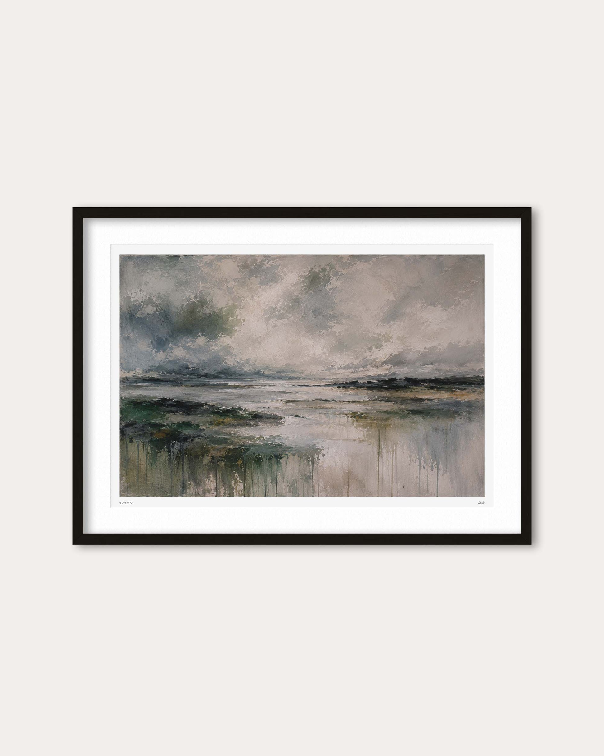 A framed landscape art print featuring an impressionistic scene of a cloudy sky over calm water, presented in a black frame with a white mat against a light beige wall.
