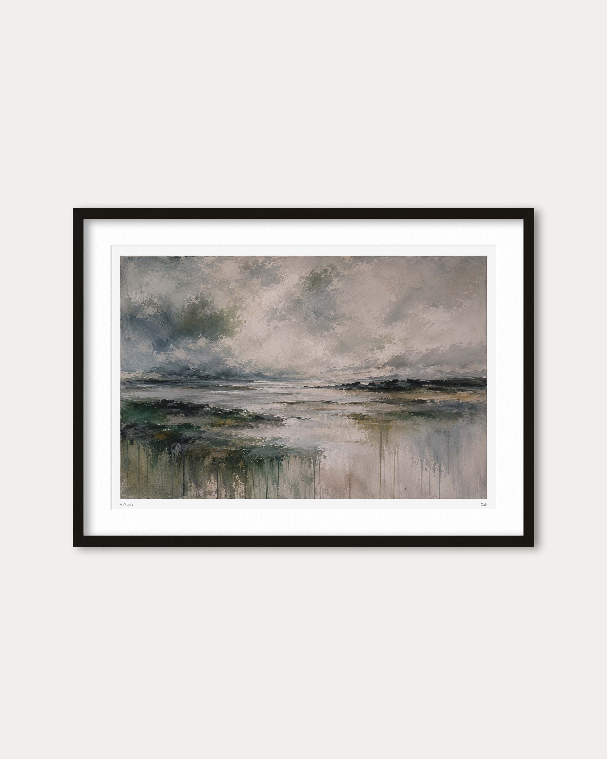 A framed landscape art print featuring an impressionistic scene of a cloudy sky over calm water, presented in a black frame with a white mat against a light beige wall.
