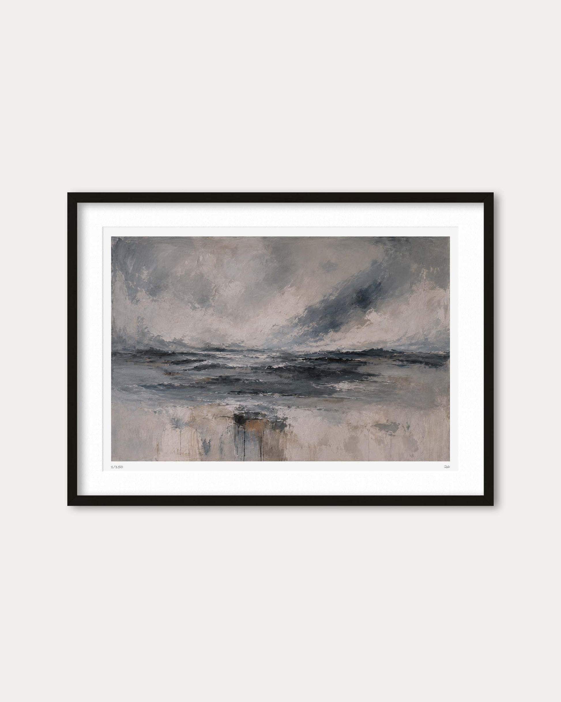 A framed abstract landscape painting featuring a cloudy sky and reflective water in muted gray, beige, and brown tones, presented in a black frame with a white mat against a light beige background.