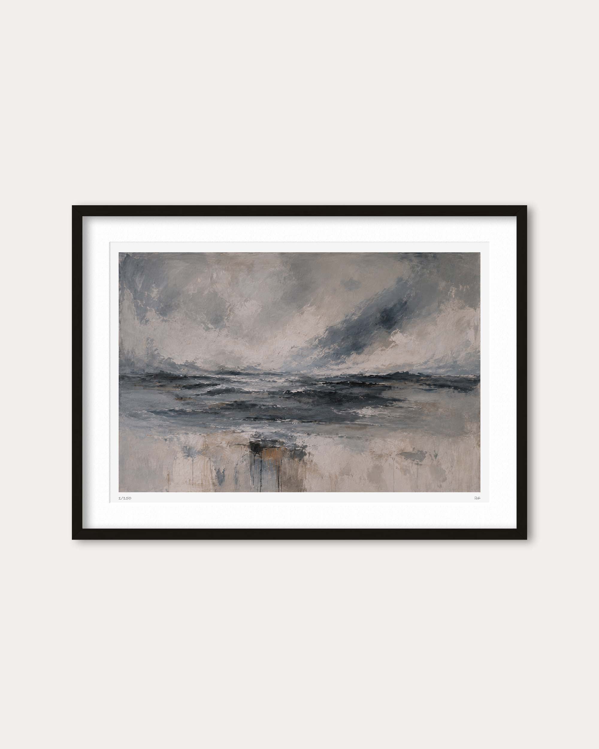 A framed abstract landscape painting featuring a cloudy sky and reflective water in muted gray, beige, and brown tones, presented in a black frame with a white mat against a light beige background.
