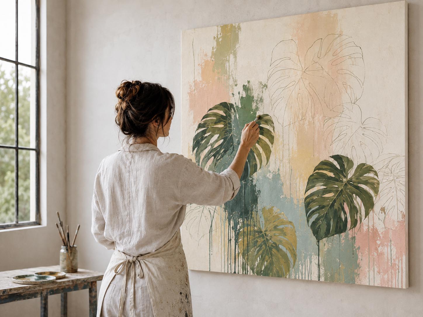 A woman in a white linen apron stands in a bright room, painting tropical monstera leaves onto a large canvas. The artwork features green leaves over soft pastel splashes of beige, pink, and blue-green.