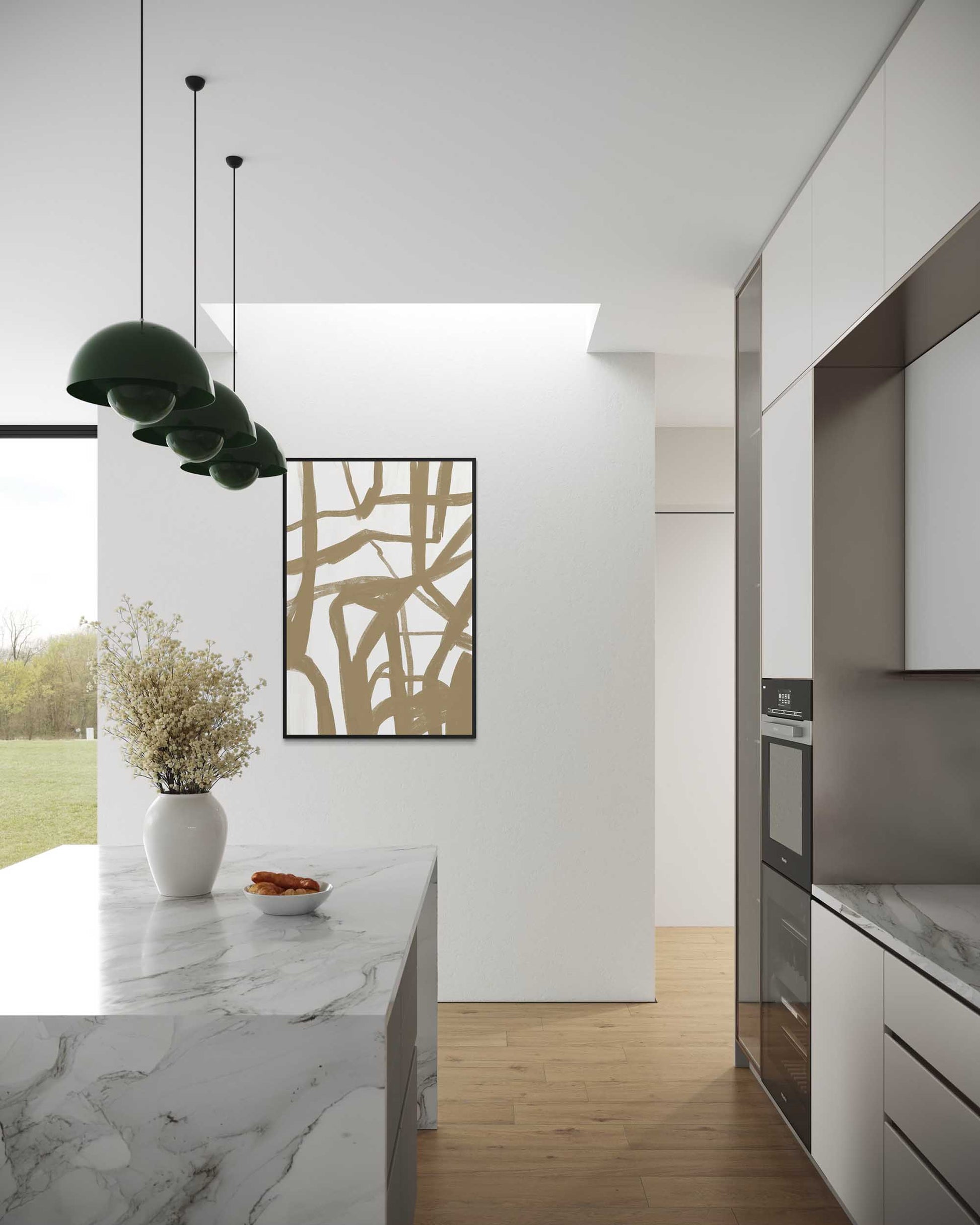 Modern kitchen interior with marble island, pendant lights, and abstract wall art.