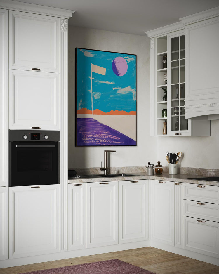 Modern kitchen with white cabinets, a colorful abstract painting on the wall, and various kitchen items.