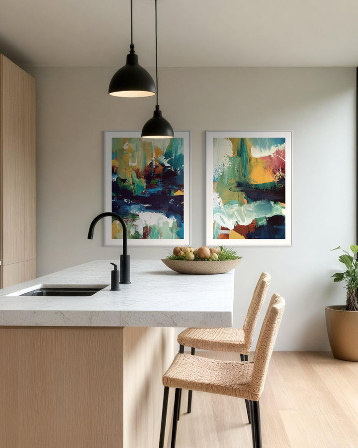 Modern kitchen with abstract art on the wall