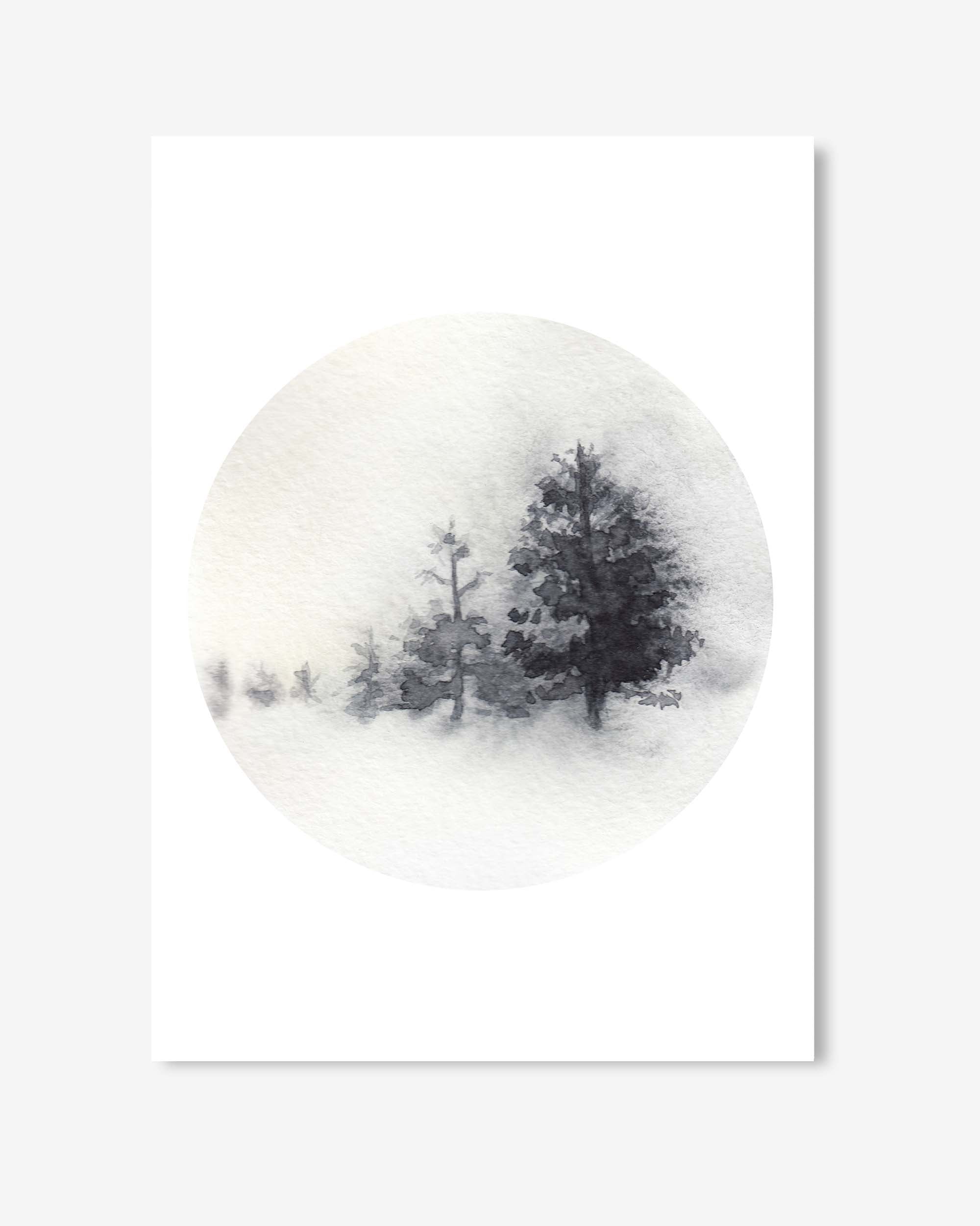 Two trees in a snowy landscape with a white background