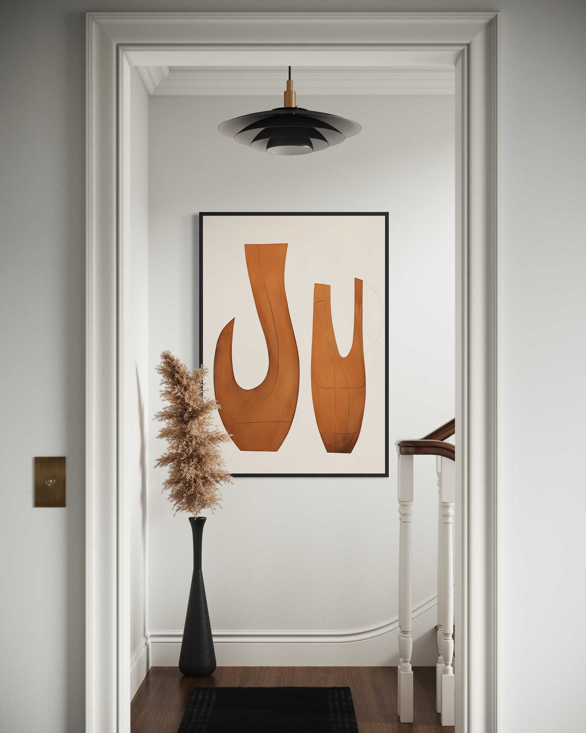 Modern interior with abstract art on the wall, black vase with dried plant, and wooden floor.