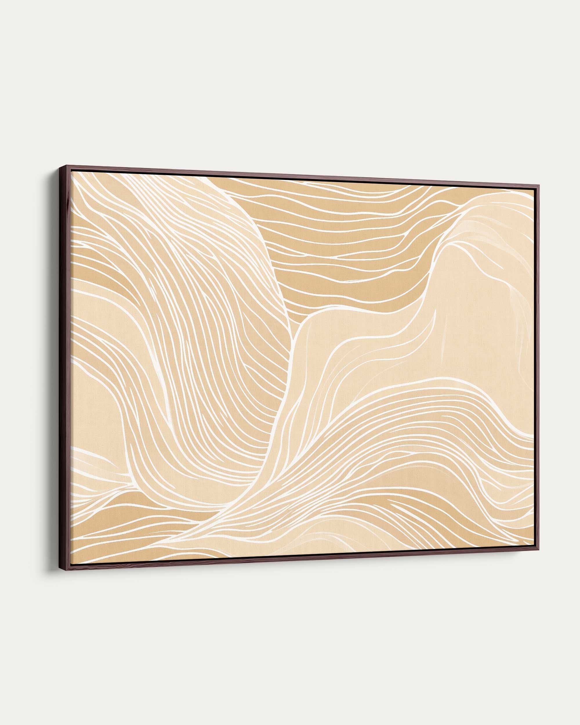 Abstract art piece with wavy lines on a beige background in a black frame.