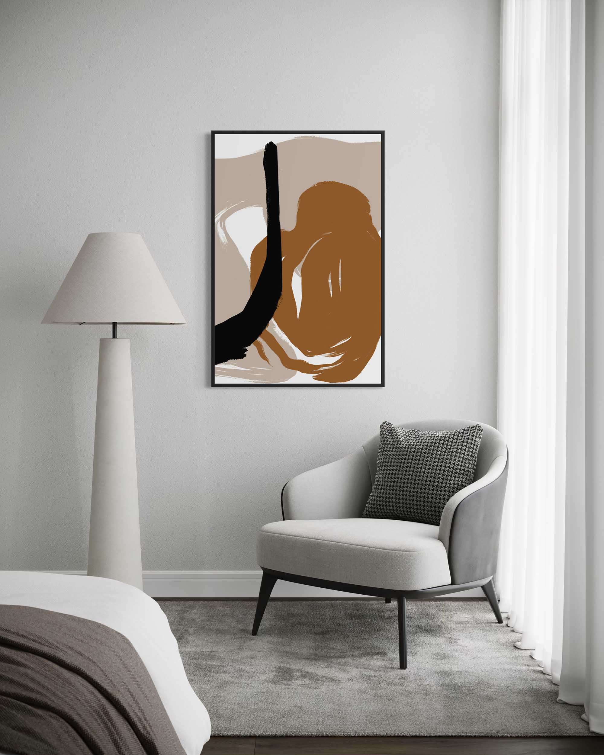 Modern interior with a gray armchair, abstract art, and floor lamp.