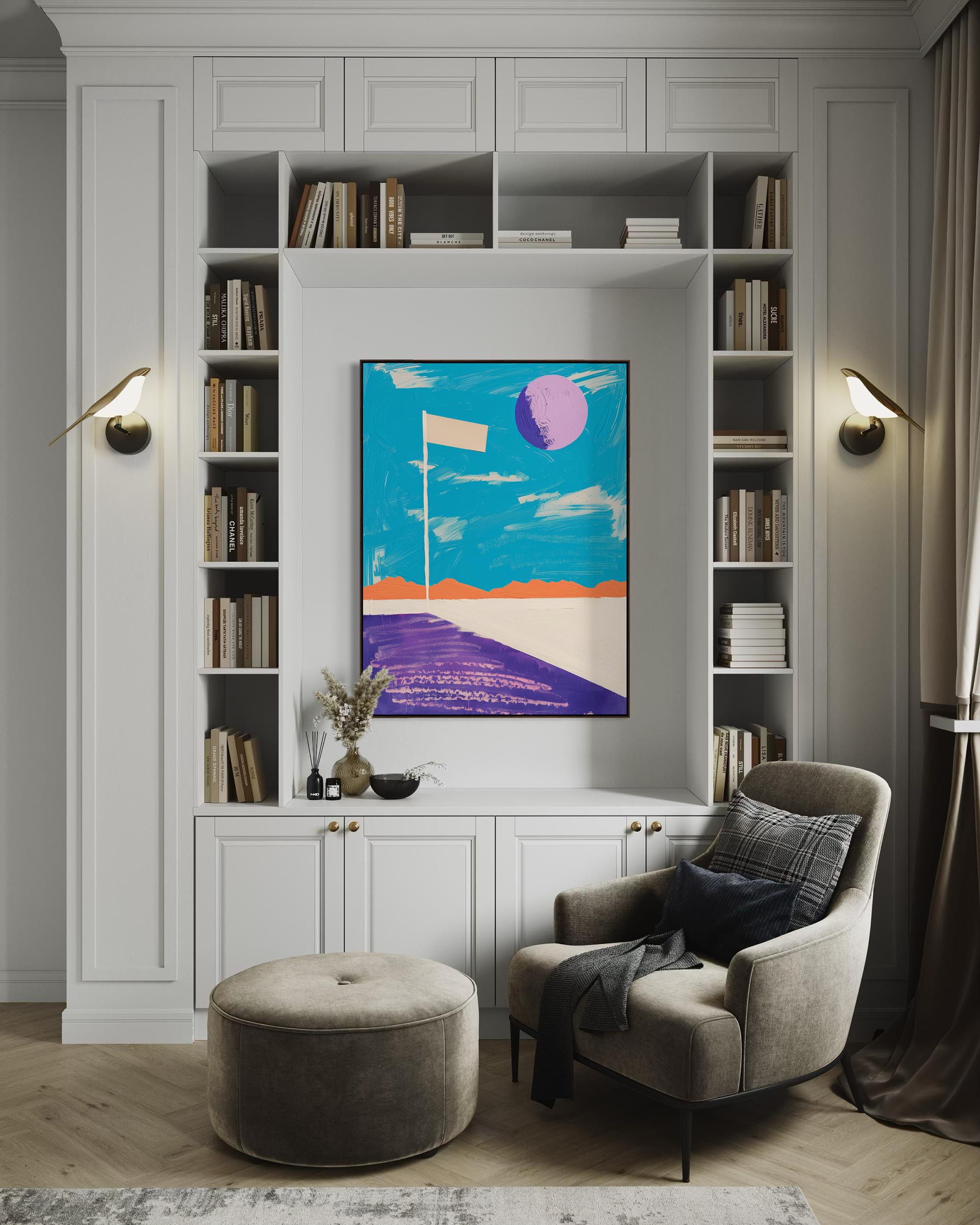 Modern living room with bookshelves, armchair, ottoman, and abstract wall art.