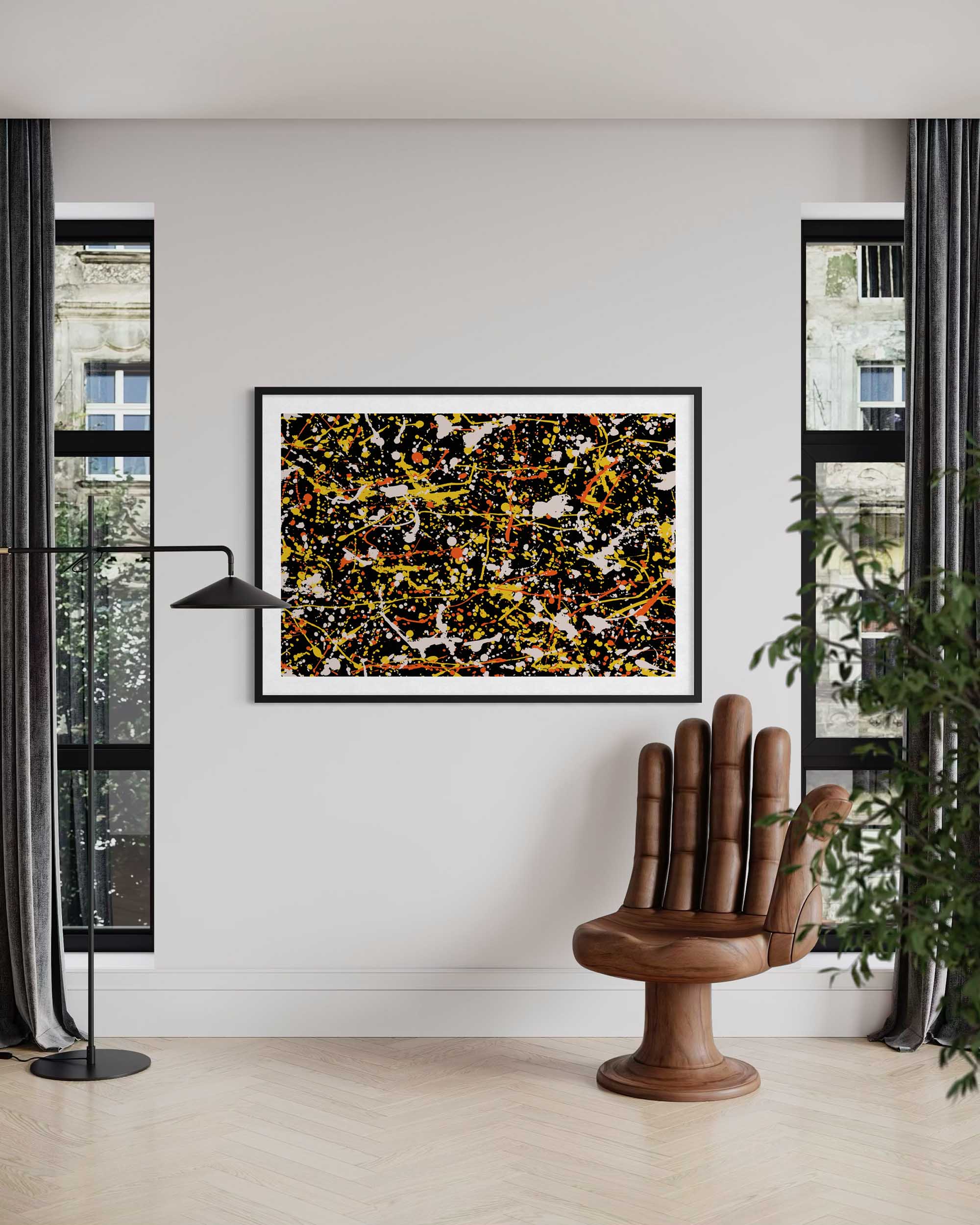 Abstract art piece on a wall in a modern room with a wooden chair and plant.