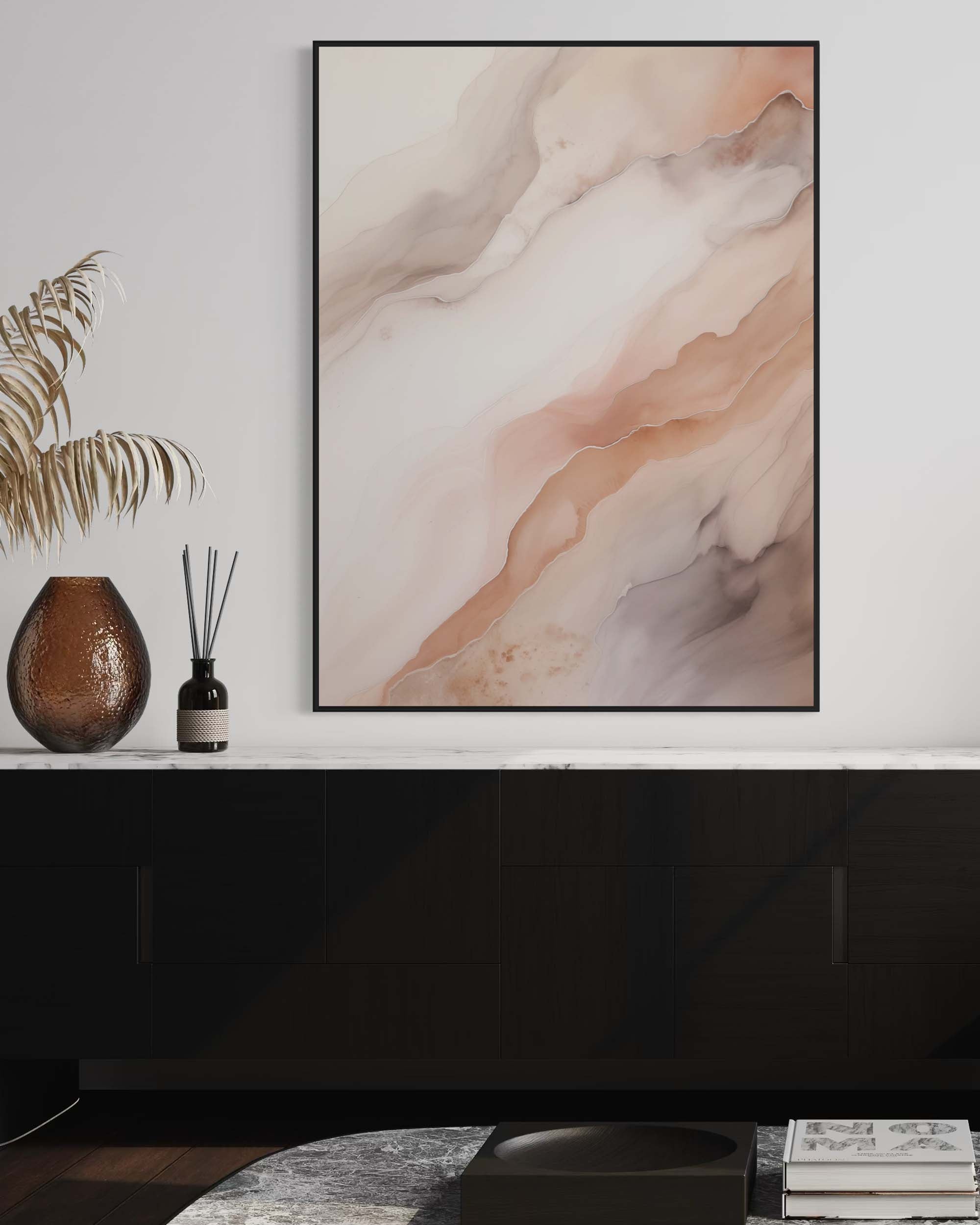 Abstract art piece in a modern interior setting with decor elements.