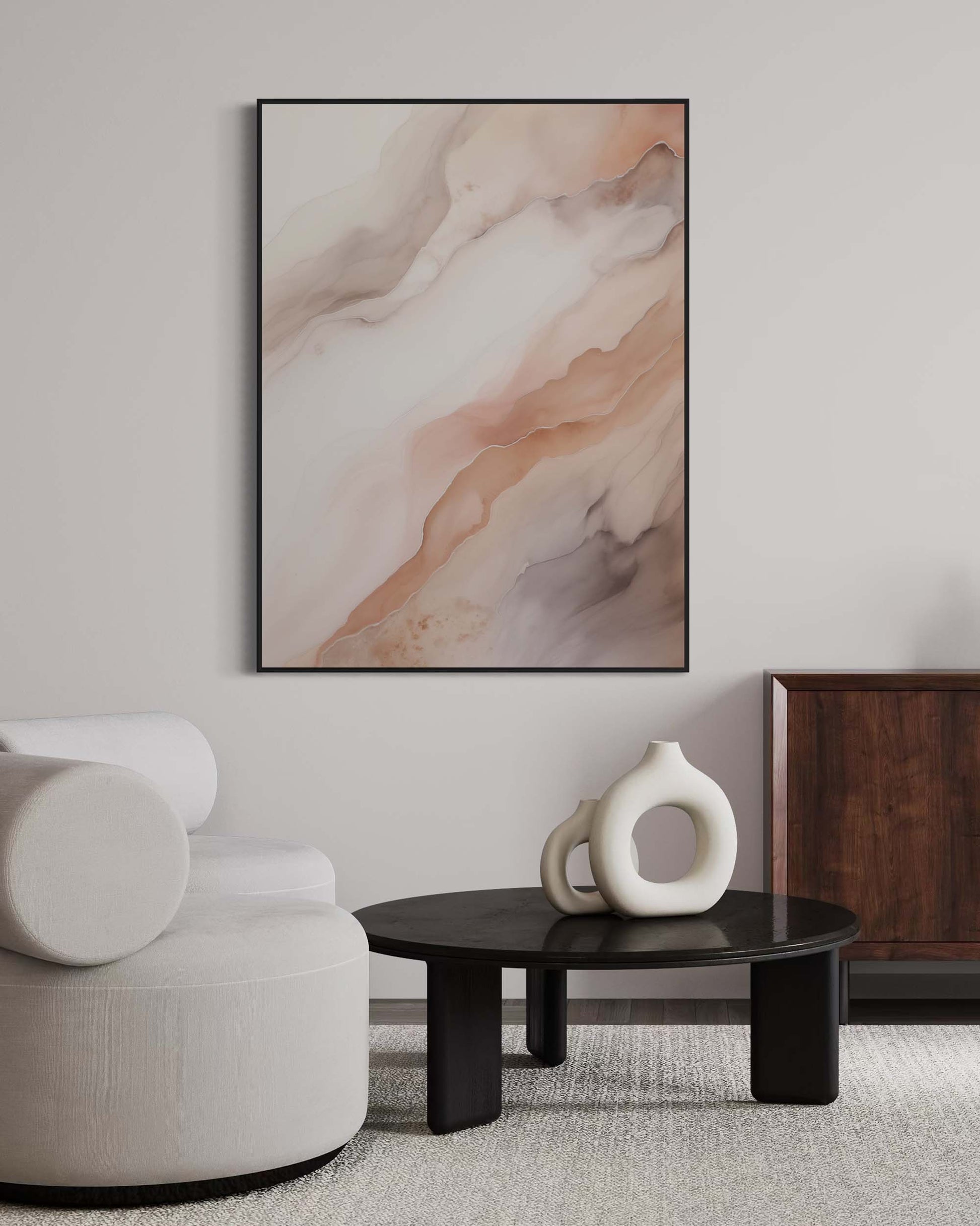 Modern living room with abstract art, white sofa, and black coffee table.