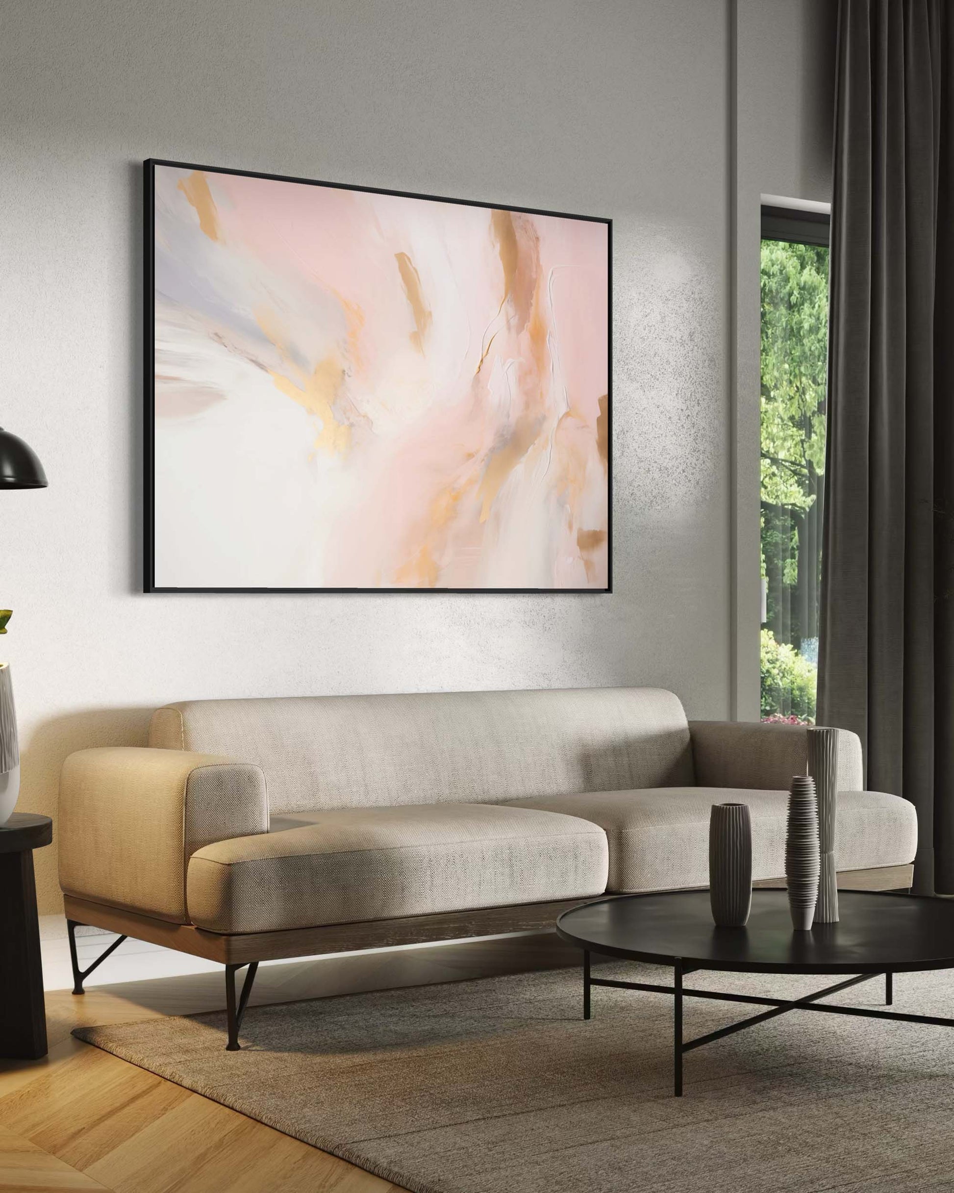 Modern living room with a beige sofa, abstract art, and decorative items.