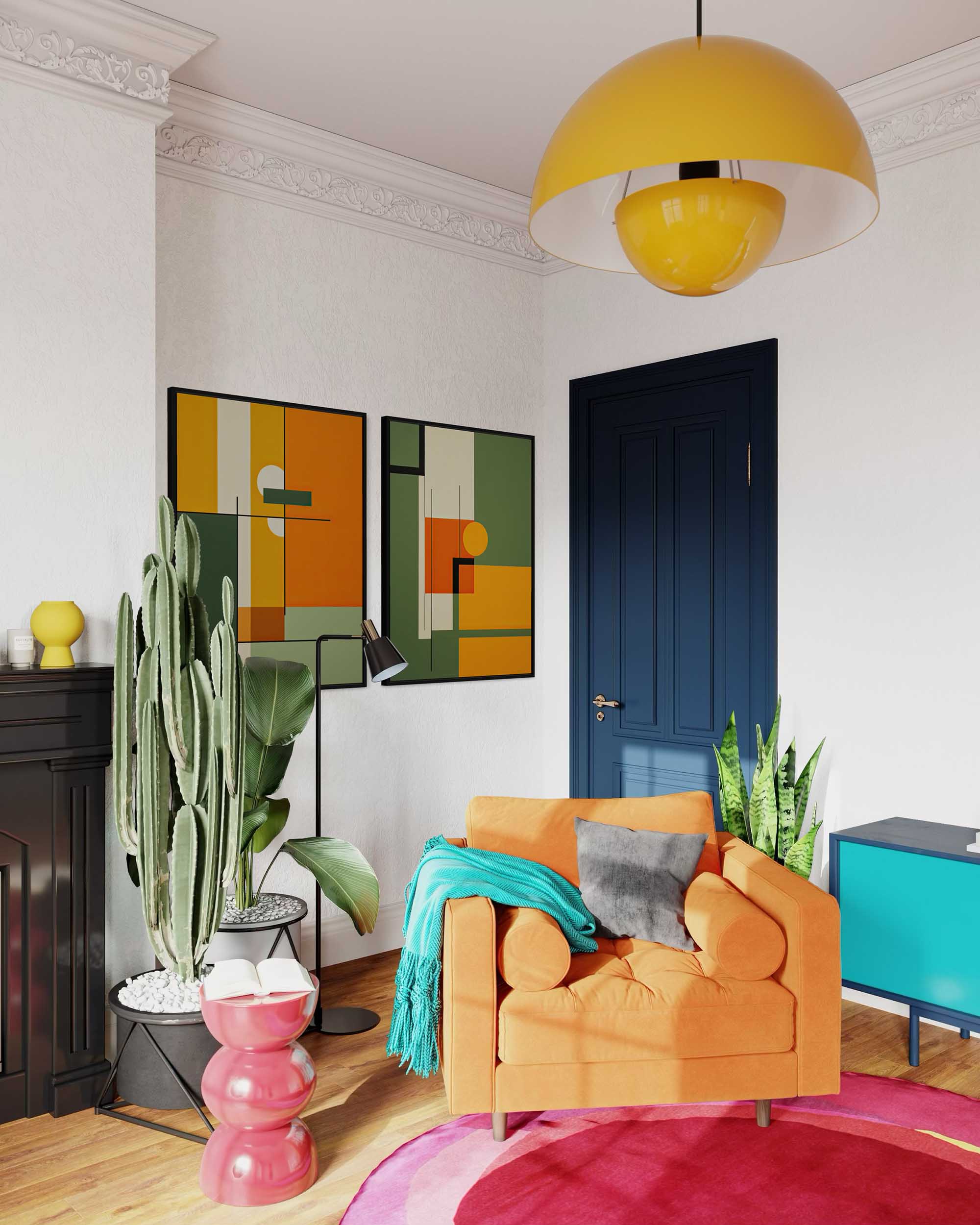 Modern living room with orange sofa, colorful decor, and a yellow pendant light.
