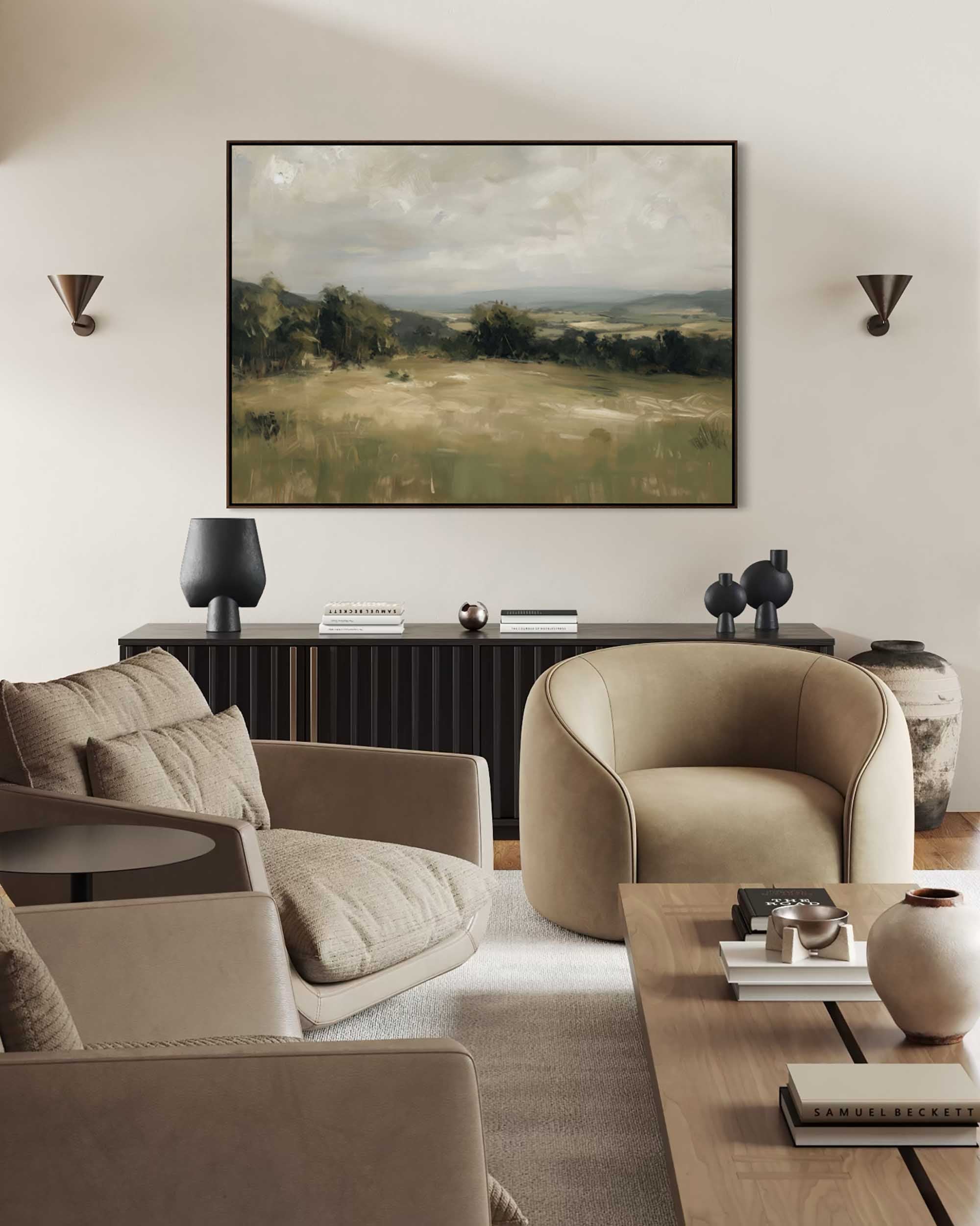 Modern living room with beige furniture, a wooden coffee table, and a landscape painting on the wall.